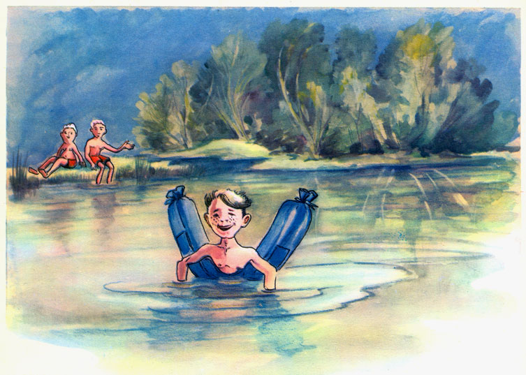 С песней веселее было плыть по скучной. Дети купаются в реке. Река рисунок для детей. Иллюстрация купаются в озере. Рис мальчик купается в речке.